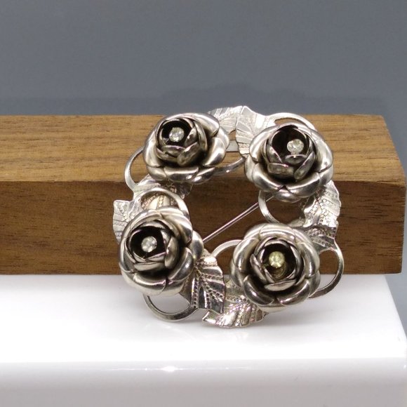 Silver Tone Wreath of Roses Brooch, Floral Circle with Crystal Center Flowers - Picture 1 of 5
